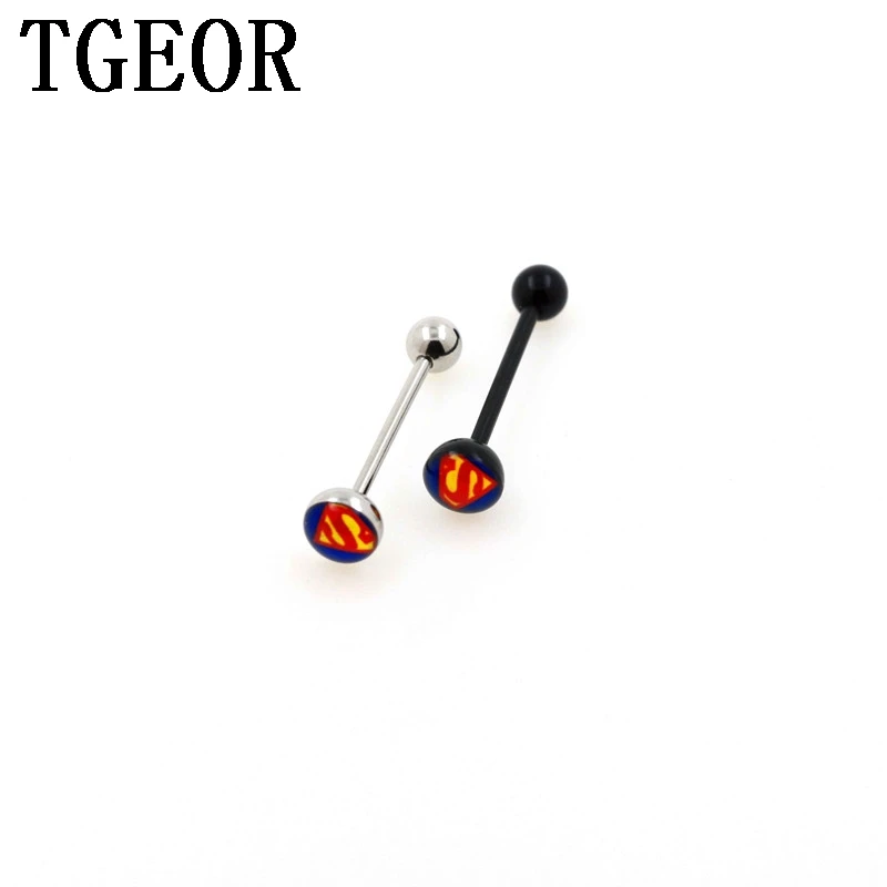 

wholesale body jewelry supper man acrylic tongue ring 14G 10pcs surgical Stainless Steel piercing tongue barbell free shipping