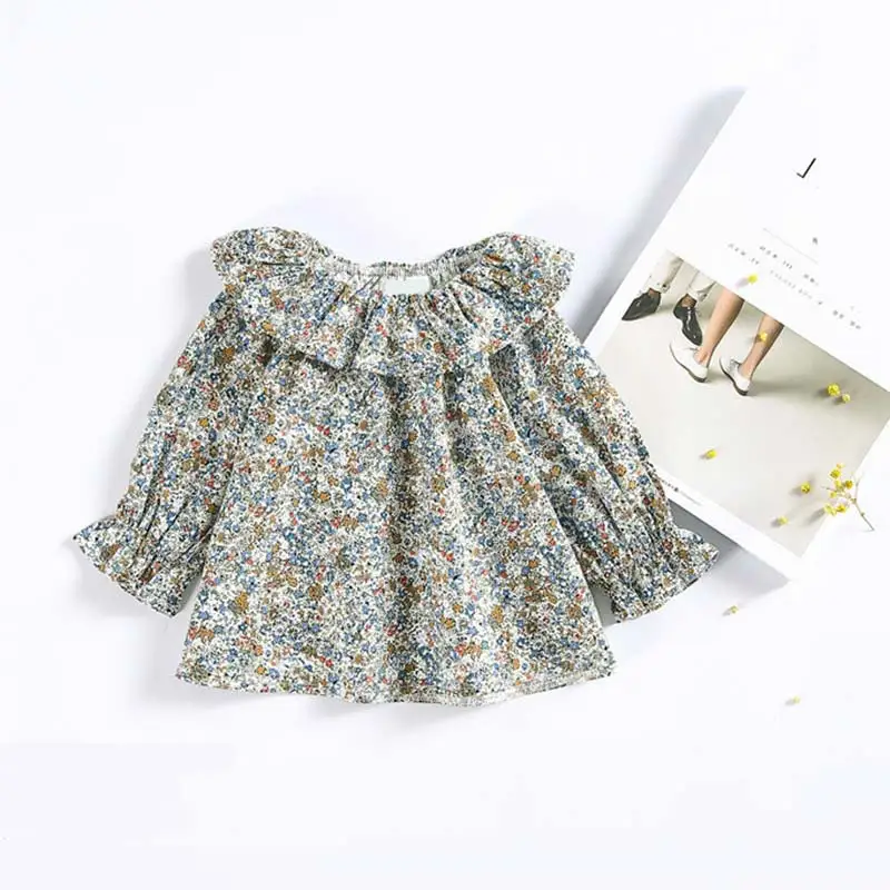 Baby Girl Shirts Spring Summer Retro Lace Collar Blouse Toddler Small Floral Doll Shirt Children Girls Fashion Long Sleeve Top