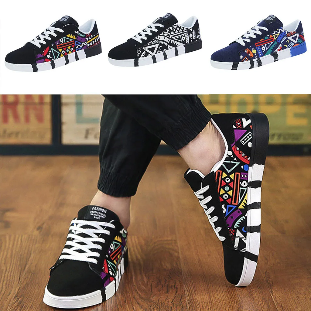 

2019 Men's Fashion Casual Shoes Breathable Lace-Up Colorful Canvas Student Running Board Shoes Graffiti Shoes Spring Loafers