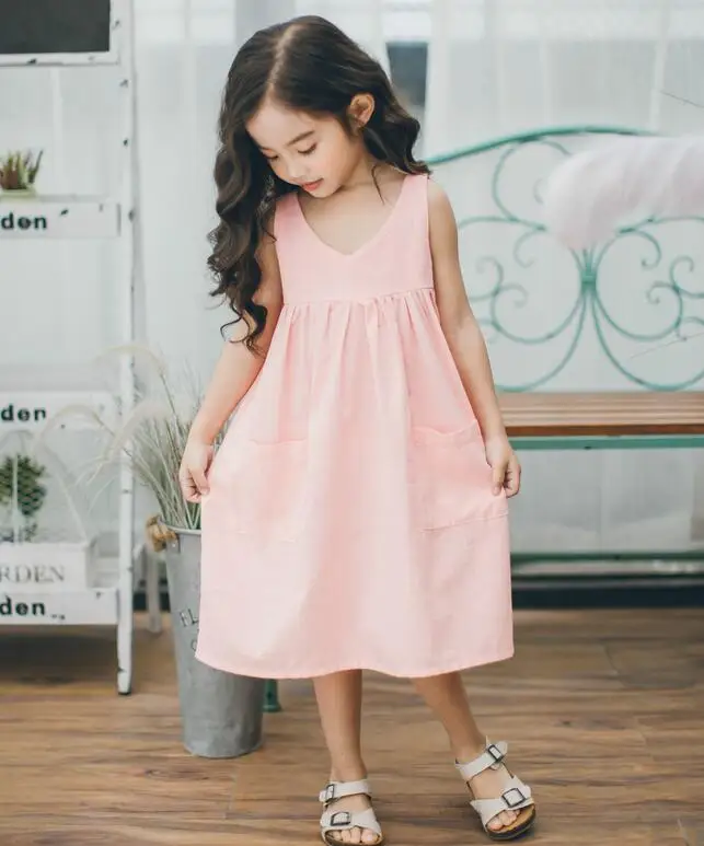 Wholesale Summer 2017 Girls Clothes Dresses Kids Dress Plain Pink
