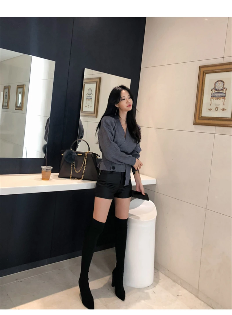 RUGOD корейский элегантный опоясанный Серый кардиган женский сексуальный v-образный вырез длинный рукав вязаный свитер кардиганы Тонкая зимняя одежда Pull Femme