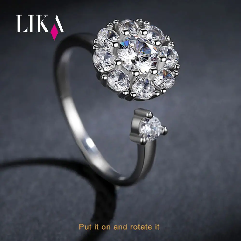 

LIKA Newest Net Red Rotating Ring Simple Sopper Inlaid Zircon Adjustable Ring Silver Plated Flower Crystal Rings For Women Gifts