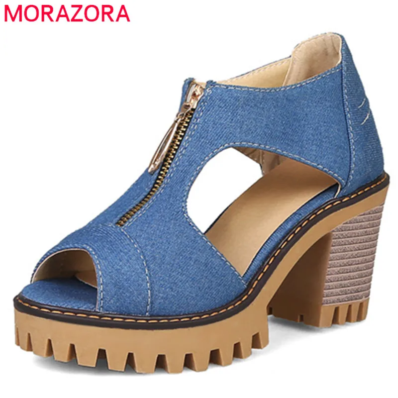 

MORAZORA 2019 newest denim women sandals peep toe high heels platform shoes fashion zip summer dress shoes ladies office shoes
