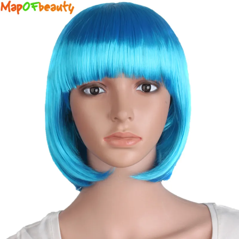 MapofBeauty Short Straight Bob Wig Highlight Blue Wigs For Women