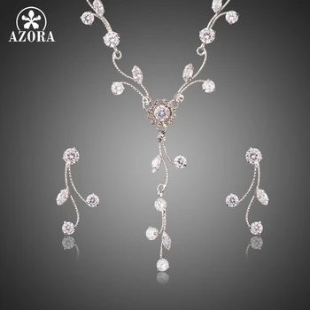 

AZORA Luminous Clear Zirconia Sparkling Flower with Branch Geometric Women Jewelry Set White Gold Color Jewelry Gift TG0249