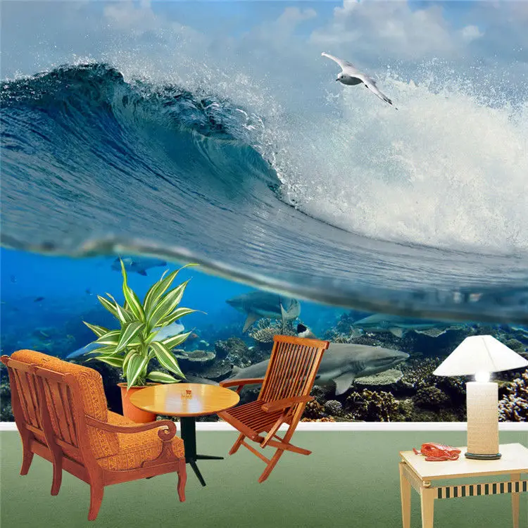 

Beautiful Large View Photo Wallpaper Sea wave and shark Wall Mural Designer Home Decoration Custom Silk wallpaper Children room