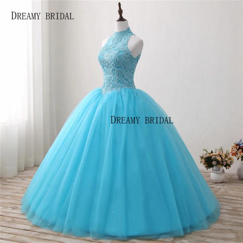 Bridal Quinceanera Dress Ball Gown Sweety Blue Halter Vestidos de 15 Anos Beaded Debutante Longo Kep Hole Back Princesa