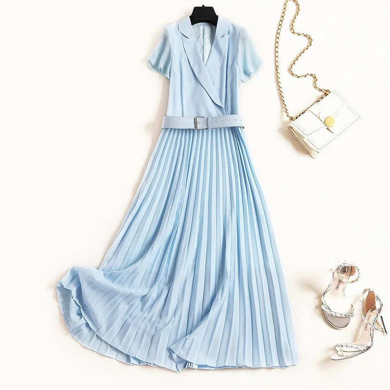 

Solid Color Chiffon Dress Summer Women Lapel Collar Small Suit Panel Belt Ruffle Sleeve Pleated