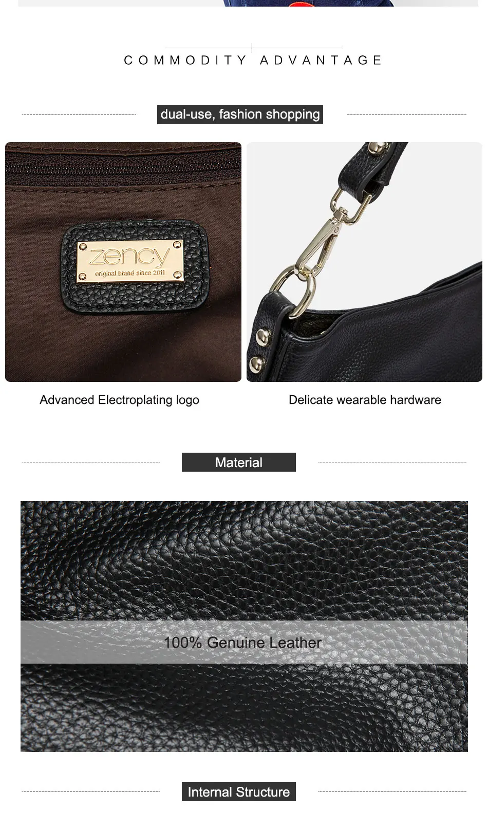 Zency 100% genuíno couro charme bolsa de