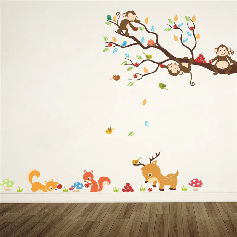 

cartoon forest tree animal monkey deer squirrel wall stickers for kids rooms children bedroom wall decal home decor mural