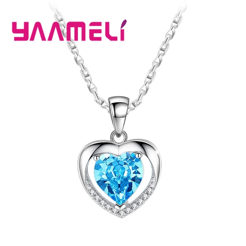 

Unique Ocean Blue White Zircon Crystal 925 Sterling Silver Heart Pendant Necklace Women Lady Party Christmas Accessory