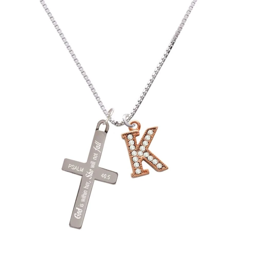 Crystal Rose Gold Tone Initial - K - - She will not Fall - Cross Necklace