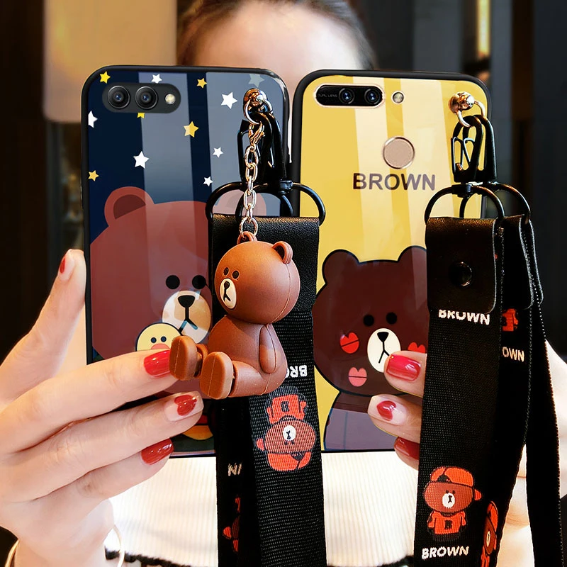 For Huawei honor v9 v8 v10 cute bear case for honor 10 6x 7x enjoy 7s blue light back cover+tempered glass screen protector