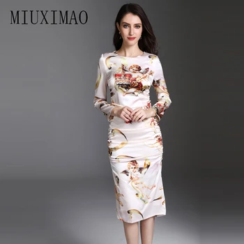 

High Quality 2018 Spring Newest Arrival O-Neck Full Sleeve Character Printed A-Line Casual Elegant Knee-Length Dress Women