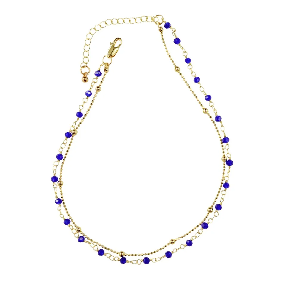 

Fashion Women Double Layered 13 Inch Necklace Gold Color Chain Crystal Glass Beads Delicate Choker Necklace