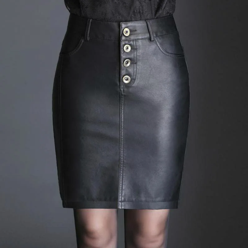 

2018 Winter Autumn Office Lady Woman Slim Button Fly Black Pencil Pu Leather Skirt , Fall Spring 4xl Above Knee Skirts For Women