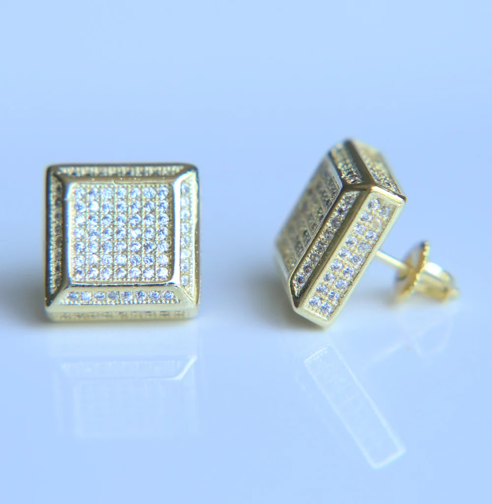

high quality 13mm square micro pave cubic zirconia rhodium/gold bling hip hop women/mens screwback earring