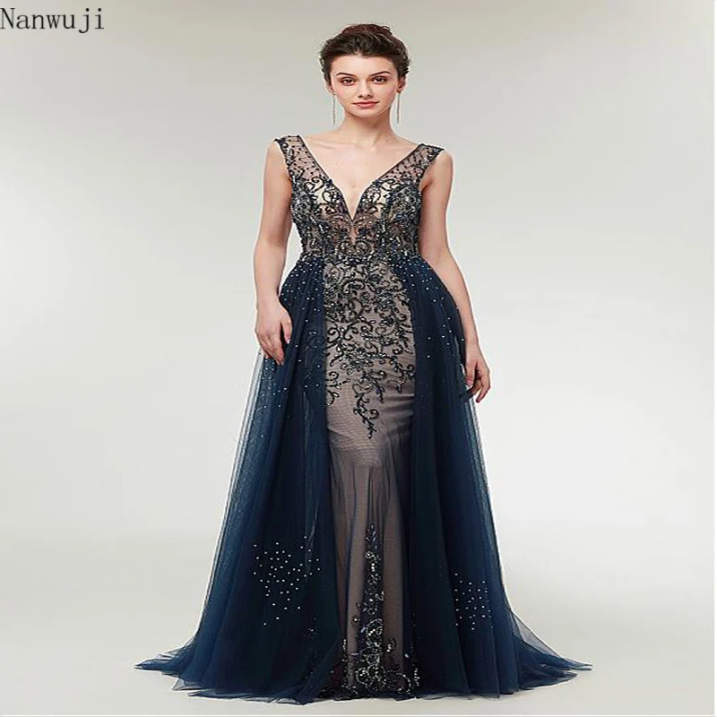 

Sexy Evening Dress 2018 V-Neck Beads Open Back Mermaid Long Evening Dresses Party Vestido De Festa High Split Tulle Prom Gowns