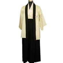 

High Quality Beige Japanese Men's Warrior Kimono Haori Vintage Yukata With Obi Performance Costume Free Shipping One Size B0002