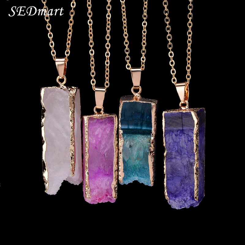 

SEDmart Irregular Rectangle Natural Stone Pink Purple Quartz Gem Stone Pendant Necklace Crystal Pendant Necklace For Women