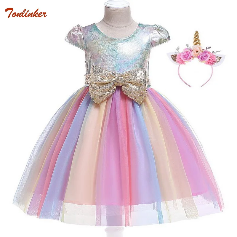 

Unicorn Party Kids Dress For Girls Sequined Bow Princess Dress With Flower Headband Child Girls Unicorn Costume Cinderella Dress