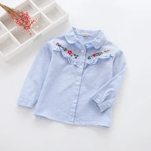 Детская осенняя Новинка года, Хлопковая полосатая рубашка с длинными рукавами и вышитыми цветами для девочек