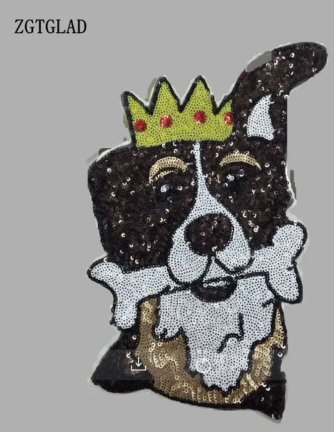 New 1pcs New Sequins Crown dog Embroidery applique fabric sweater clothes Sequins patch stickers