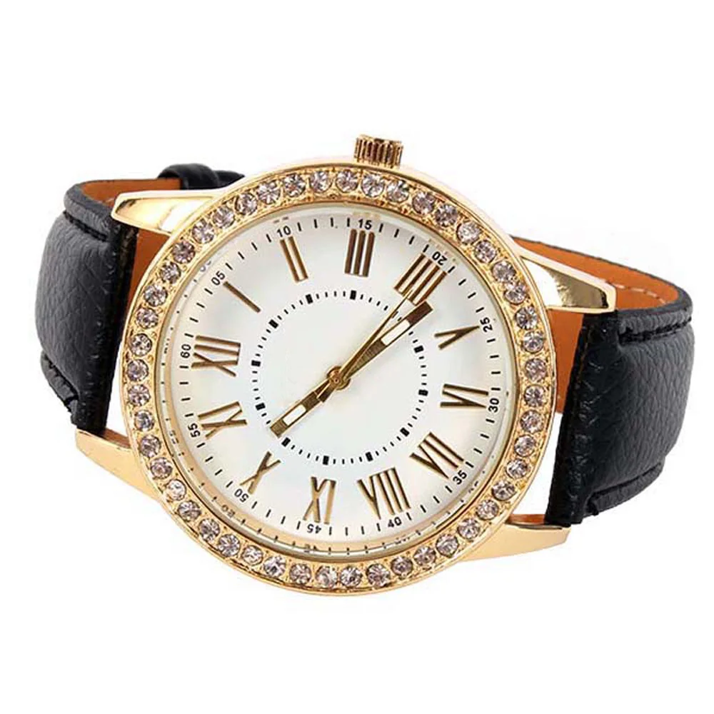 Роскошные модные блестящие золотые женские кварцевые часы с кожаным ремешком, чехол с блестящими бриллиантами, наручные часы, брендовые деловые часы