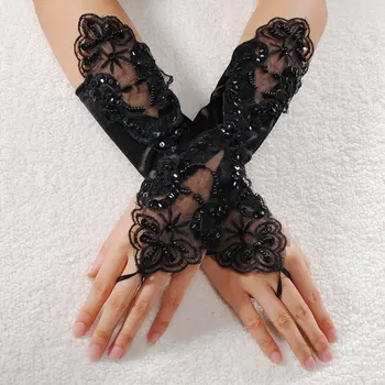 

Sexy Bride Party Fingerless Pearl Lace Satin Gloves Fancy,Black