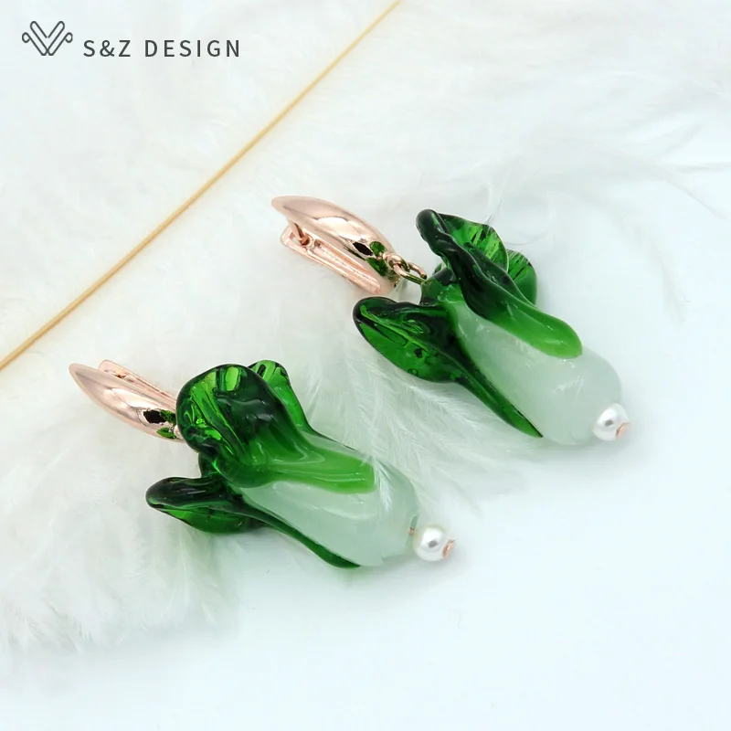 S&Z DESIGN New Fashion Cute Vegetables Shape Dangle Earrings Green Coloured Glaze Chinese Cabbage Jewelry For Lady Accessories