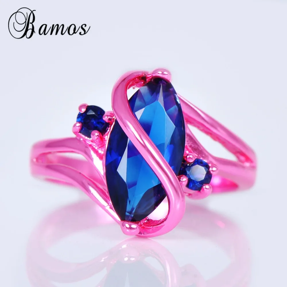 Bamos Vintage S Style Blue Cubic Zircon Ring Pink Gold Filled Wedding Party Engagement Promise