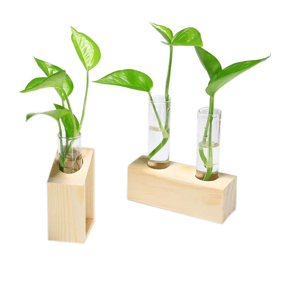 

New Fashion Flower Vase Glass Bottle Creative Hydroponic Plant Transparent Vase Wooden Frame Coffee Shop Room Table Decor