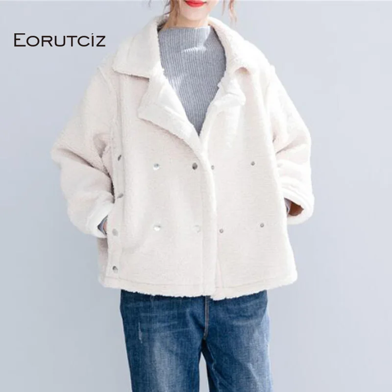 

EORUTCIZ Winter Velvet Parka Women Jacket Warm Thick Oversize Fleece Coat Streetwear White Vintage Autumn Outerwear LM134