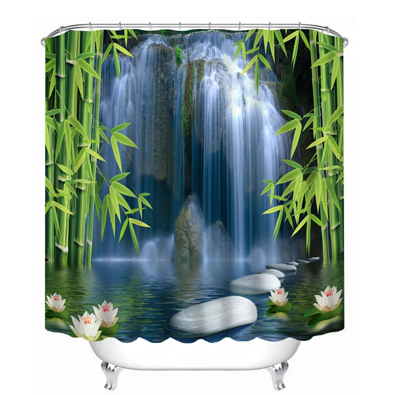 

3D Pattern Shower Curtains Bamboo Lotus and Waterfall Stone Bathroom Curtain Waterproof Thickened Bath Curtain Customizable