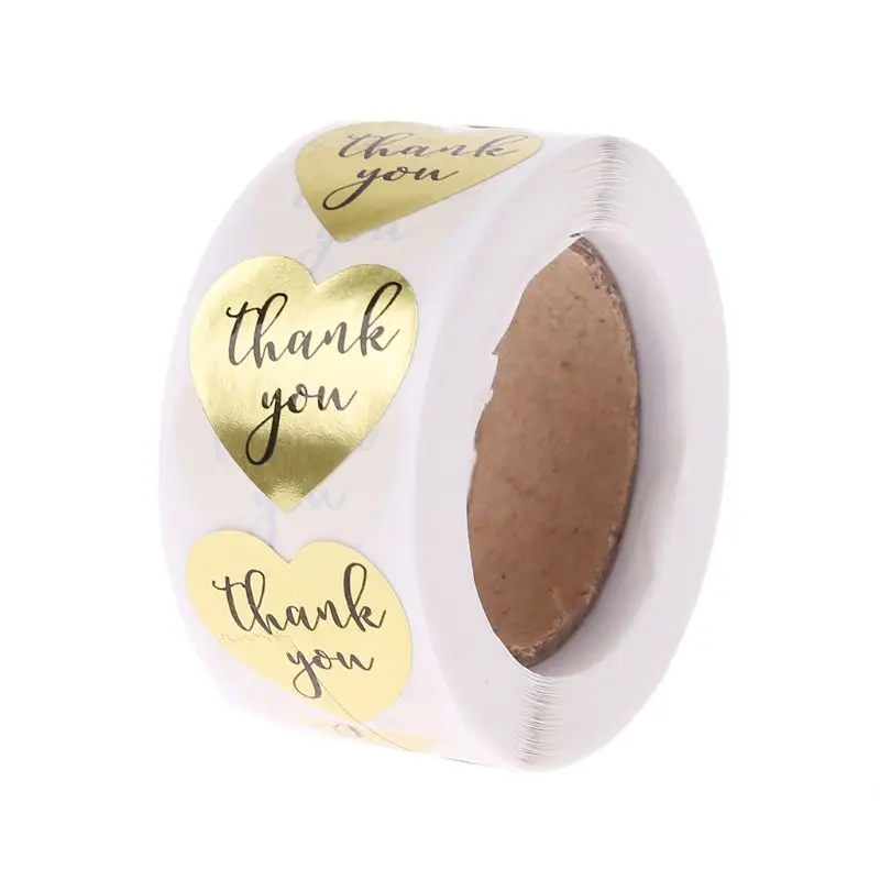 

500Pcs Golden heart-shaped Thank you Adhesive Label Sticker Sealing Package Tags Gift Baking Scrapbook Wedding Party 1 Inch Roll