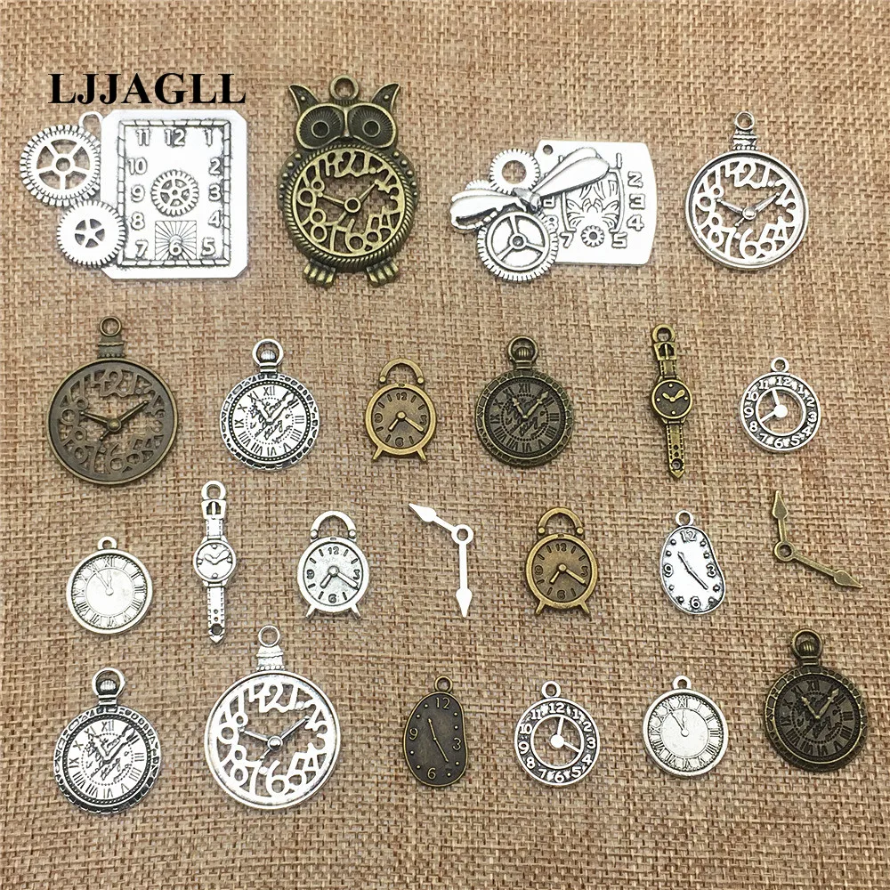

LJJAGLL Metal 20pcs Mix Types Vintage Clock Alarm Charms Pocket Watch Pendant Alloy Jewelry Necklace Bracelet Diy Make AZB033
