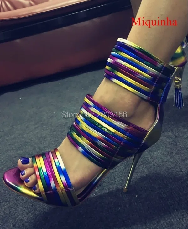 Mixed-color Rainbow Women Ankle Straps Sandals Summer Women Pumps Back Zipper High Heels Gladiator Sandals Shoes