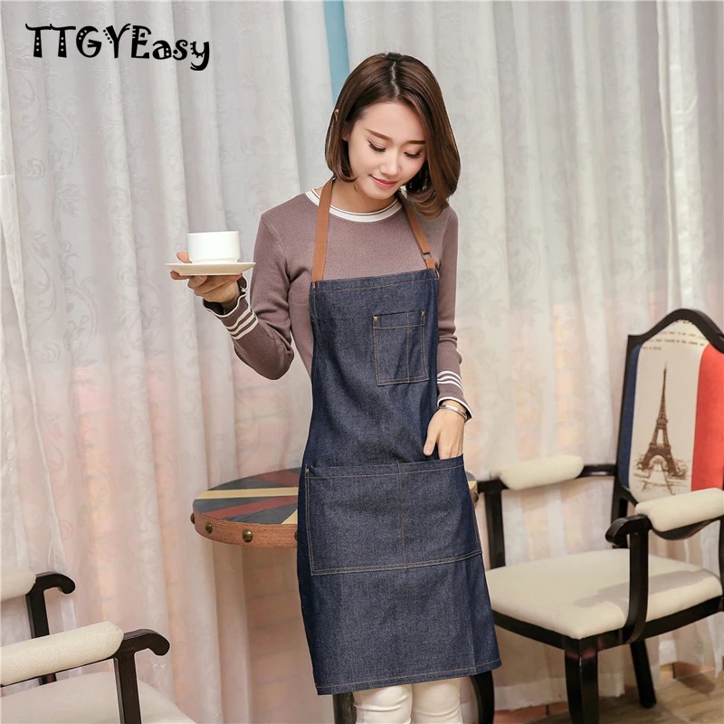

New Hot Sale Aprons Cowboy Simple Antifouling Uniform Unisex Denim Aprons for Woman Men's Kitchen Chef Cooking pinafore WQ008