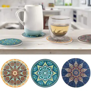 

4Pcs Round Absorbent Ceramic Stone Printed Coaster With Cork Back Bohemian Style Heat-resistant Cup Coasters Mat Cup Glass Pad