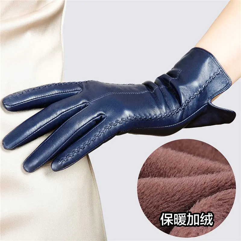 navy blue Женские перчатки из натуральной кожи женские новые стильные теплые плюшевые с подкладкой осень зима овчина вождения варежки L085NC4 - Цвет: navy blue