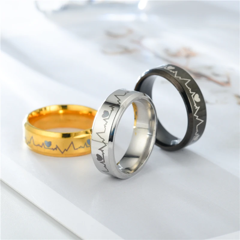 Black ECG Stainless Steel Creative Mood Rings Gift Anniversary Wedding Rings For Men & Women Love Couple  Gold Silver Accessory