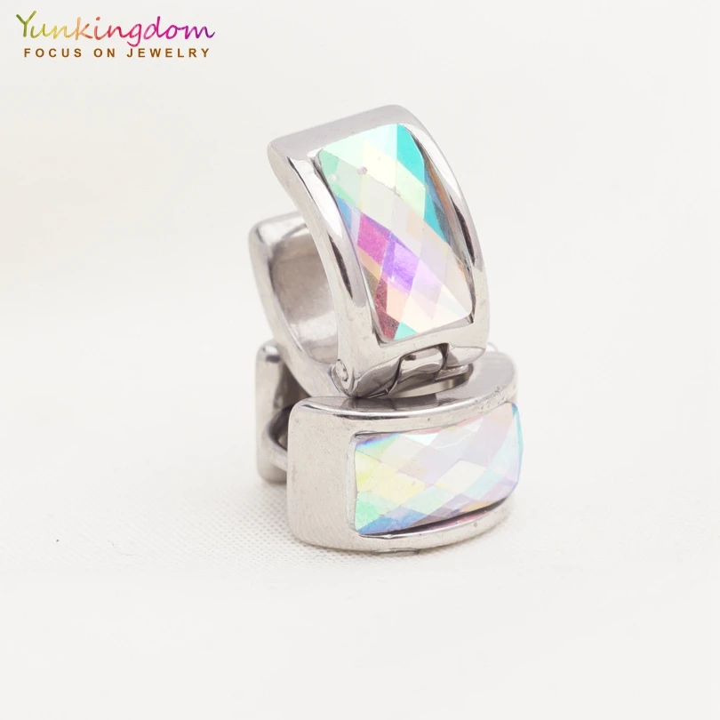 Yunkingdom shiny rhinestone stainless steel small hoop earrings for women and girl 2018 new fashion jewelry wholesale UE0289 - Image 3