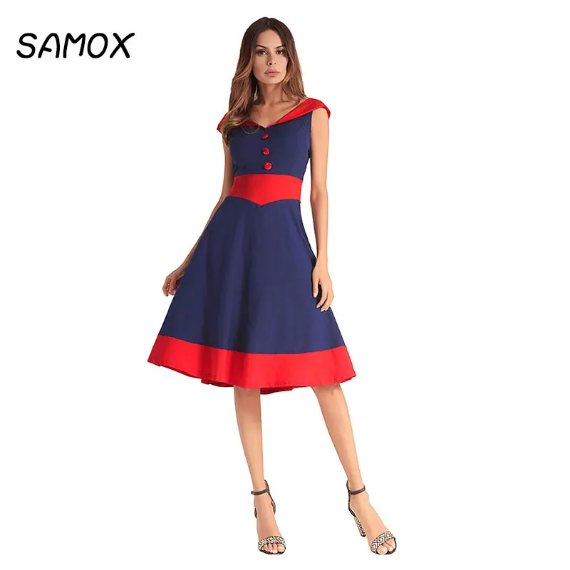 

JSMY 2019 New Summer V-neck Sleeveless Sailor Collar Color Splicing High Waist Dress