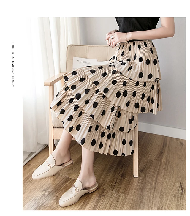 2019 сезон: весна-лето женские длинные юбки корейская мода Эластичный Высокая талия торт слоистых рюшами в горошек юбки для женщин