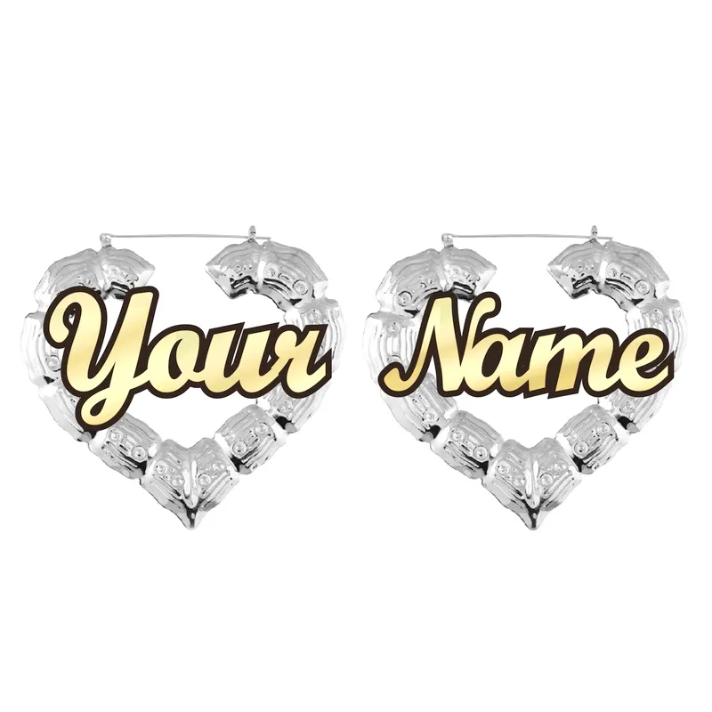

(Order Any Name) Celebrity Style Door Knocker customize custom name Heart Bamboo Earrings