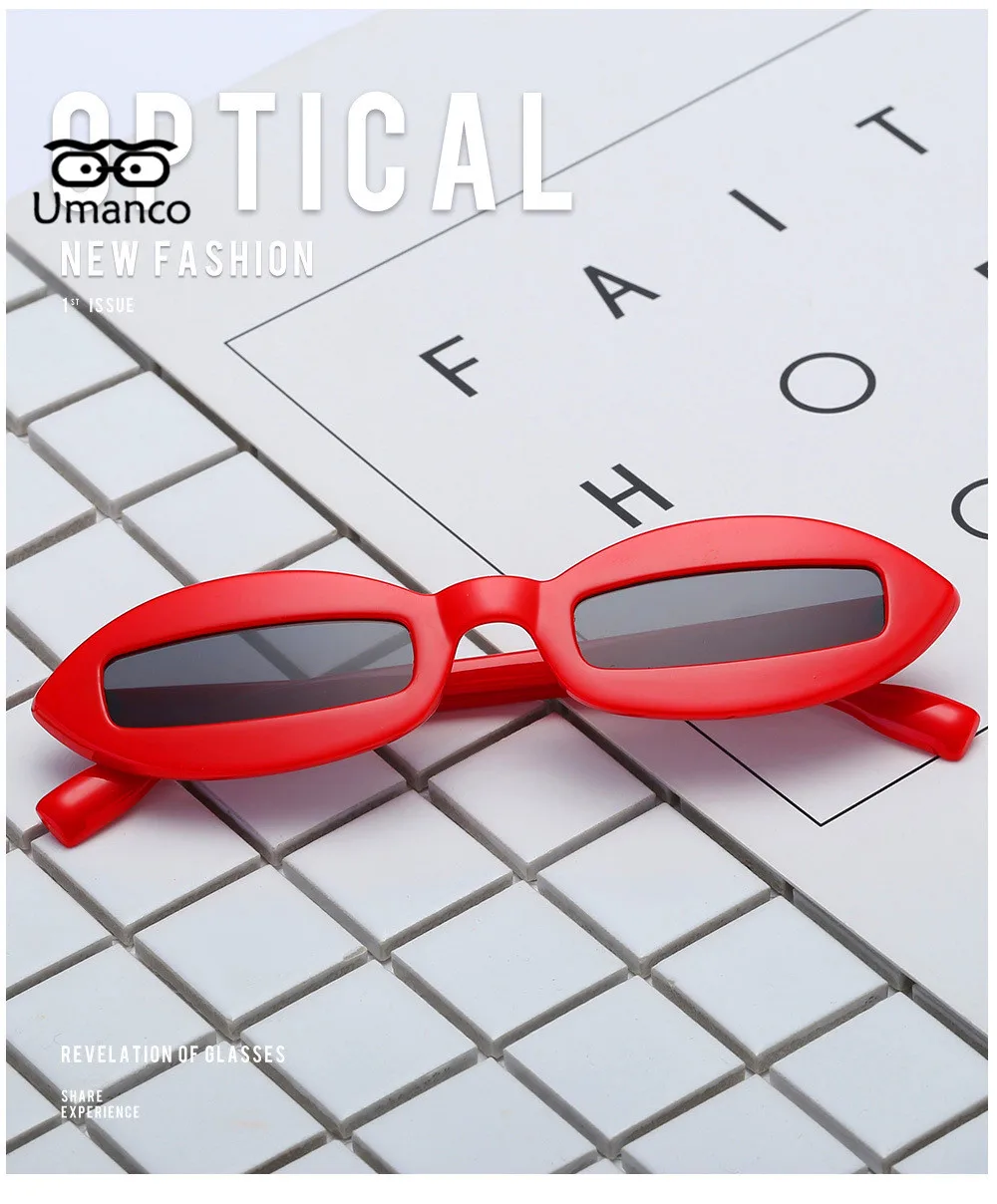 Umanco новые ретро маленькие узкие кошачий глаз солнцезащитные очки для женщин Мини прямоугольное зеркало широкая пластиковая оправа для очков модные украшения
