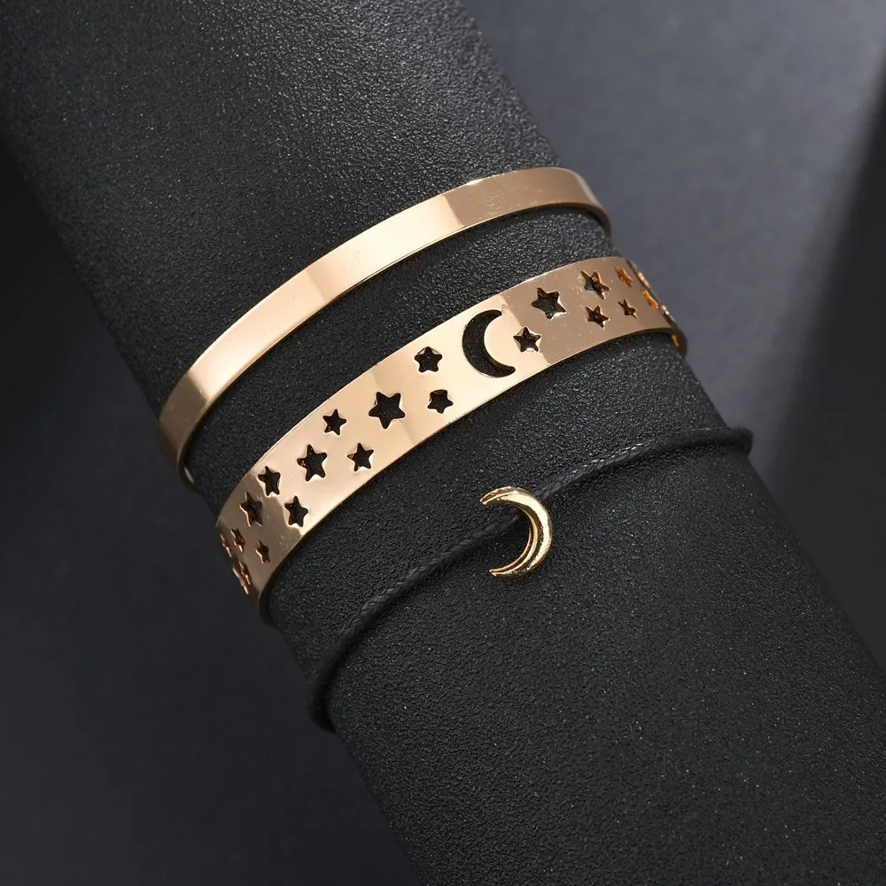 European and American Explosion Star Moon Bracelet Natural Retro Hollow Wax Rope Three Layer Women's Bracelet (13)