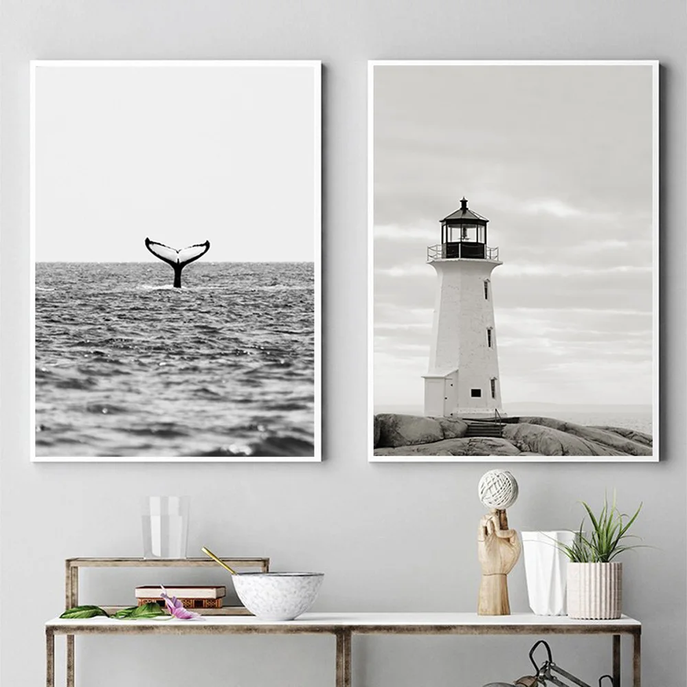 

Black And White Lighthouse Poster Beach Art Painting Whale Minimalist Poster Nordic Posters And Prints Wall Art Print Home Decor