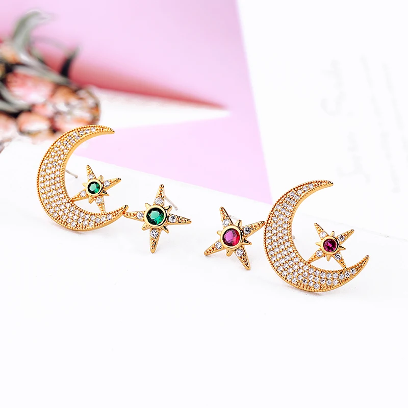 

kissme Luxury Zircon Anise Star Moon Gold Color Brass Stud Earrings For Women Gifts Fashion Jewelry Accessories Ear Pins Factory