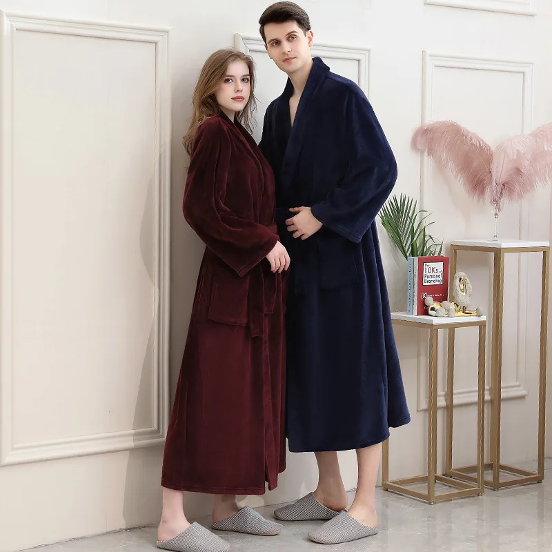 winter oversize Men Flannel Robes coral fleece loose thicken warm Male Bathing Suits plus size pure color autumn Terry Bathrobes